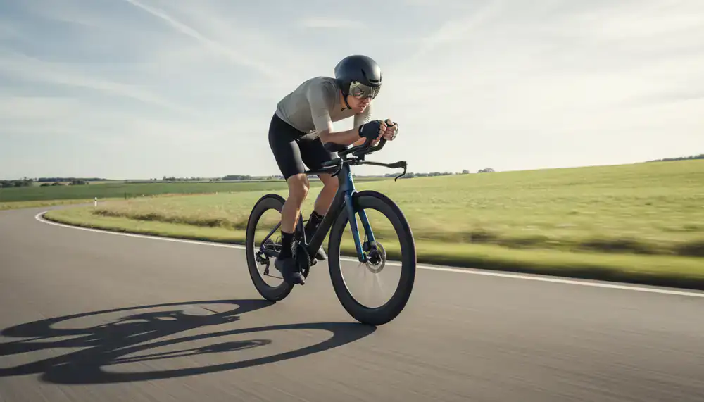 Aerodynamic road bike speeding on smooth tarmac