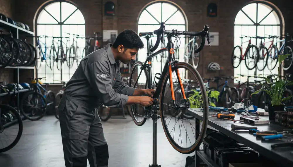 Dedicated Chakra Cycles mechanic meticulously tuning a bicycle in the Bengaluru workshop